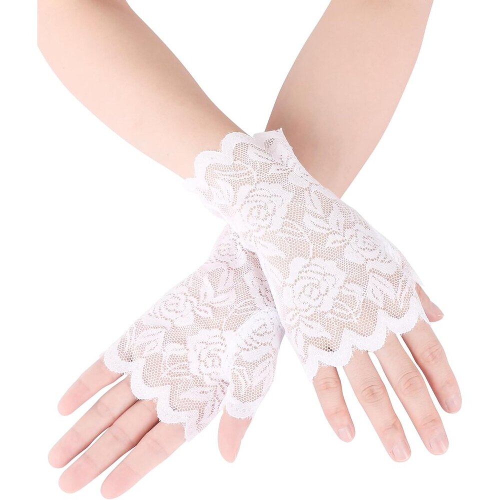 Women's White Fingerless Floral Short Lace Gloves Halloween Party Accessories